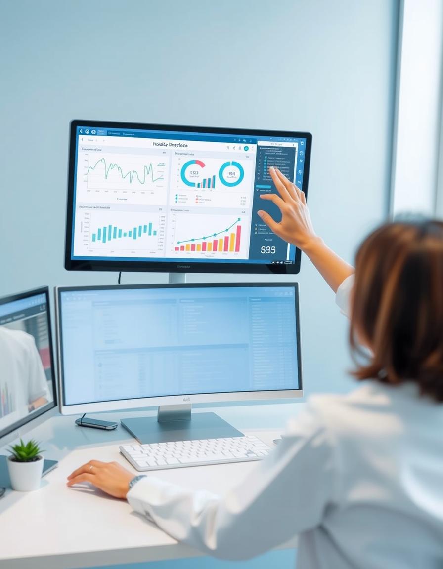 A healthcare professional reviewing operational dashboards and analytics