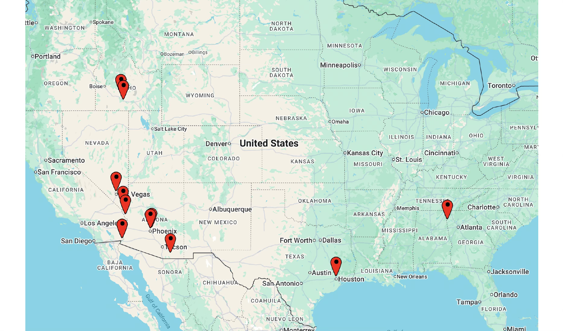 Map of Ahmed HealthCare Systems operating cities in Arizona, Nevada, Idaho, and Georgia, with pending expansion locations